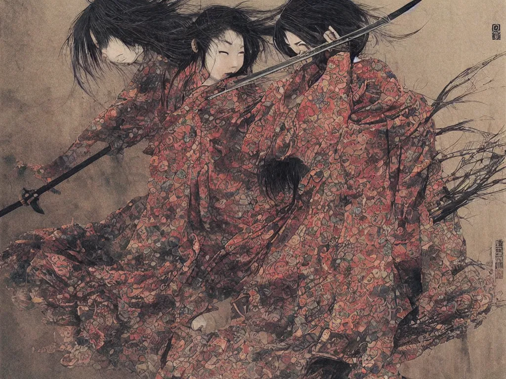 Image similar to Japanese schoolgirl runs away from Samurai with a katana on the subway, high detailed Beksinski painting, part by Adrian Ghenie and Gerhard Richter. art by Takato Yamamoto.