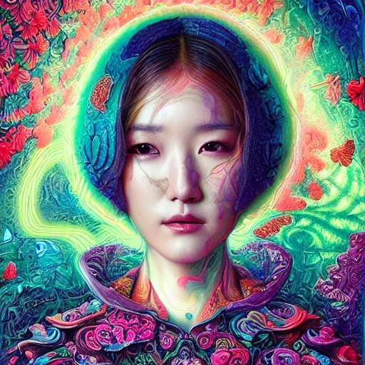 Image similar to portrait of park min young, hyper detailed masterpiece, neon floral pattern, jean giraud, digital art painting, darkwave goth aesthetic, psychedelic, artgerm, donato giancola and tom bagshaw