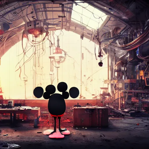 Image similar to a giant mickey mouse head, factory floor, surrounded by factory workers, octane render, cgstation, 3 d render, very detailed, mindblowing, blood and guts, gritty, cyberpunk, cinematic lighting, hyper realism