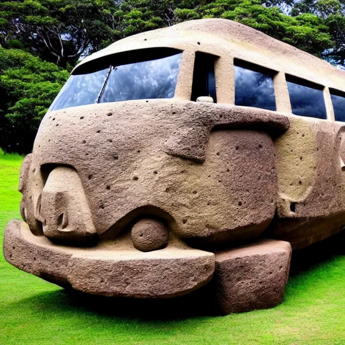 Prompt: ancient vw bus made of stone, moai from rapa nui style