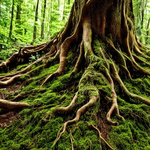 Image similar to a photo of mother nature emerging from a tree covered in roots and moss, nature, trees, human tree