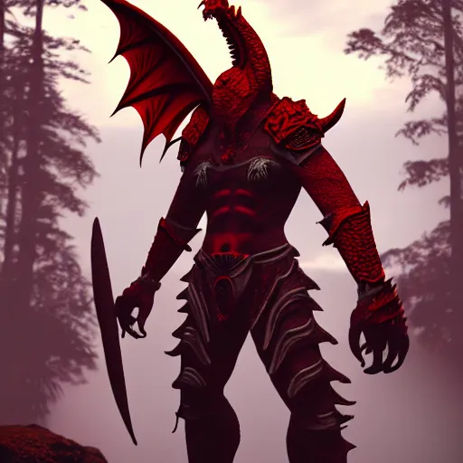 Image similar to A dragonborn with red scales and wings, wearing viking armor, in a rainforest, trending on artstation