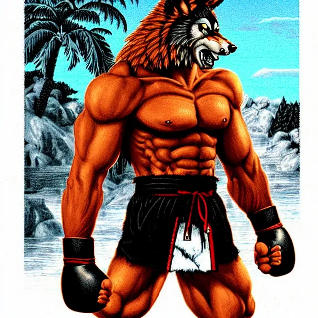 Image similar to extreme long shot. 8 bit nes graphics. antropomorphic muscular masculine wolf. kickboxer fighter, in shorts. wolf head. fine details, very sharp, art from nes game cartridge, marc simonetti and hermann nitsch