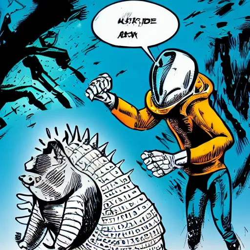 Image similar to armadillo with chainsaws fighting mr. freeze, comic book style