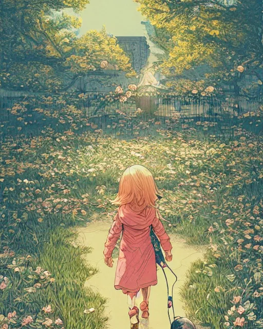 Image similar to a girl walking her small dog at the park, full shot, facing backwards, ambient lighting, detailed, art by ayami kojima, makoto shinkai, kilian eng