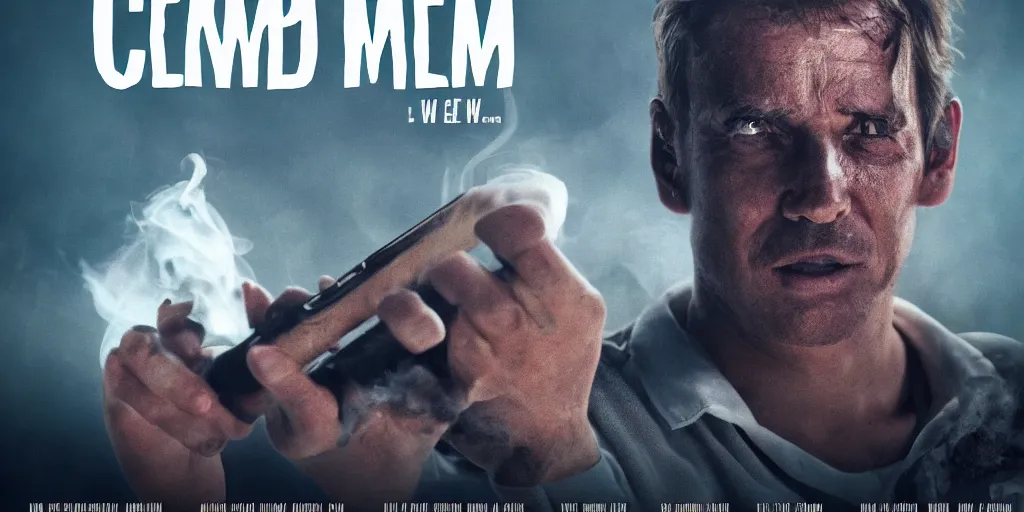 Image similar to we came, we saw, he died movie poster, focused shot, realistic, smoke, fire, octane render