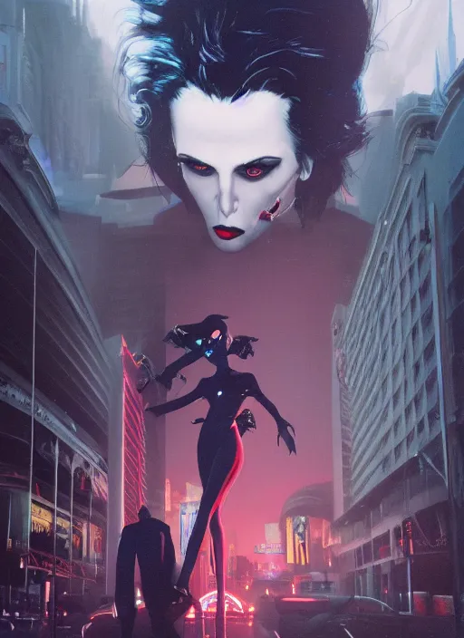 Image similar to 35mm photograph of a darkwave vampire on the Las Vegas strip at night by tomer hanuka and tom bagshaw, cinematic, hyper realism, high detail, octane render, 8k, trending on artstation, CGsociety, concept art, kodak portra