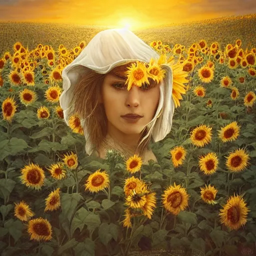 Prompt: Bedsheet Ghost in a field of sunflowers, sunset, Watercolor, photorealistic, high resolution, award winning, trending on artstation, olive skin, long dark hair, beautiful bone structure, intricate, elegant, highly detailed, digital painting, artstation, concept art, smooth, sharp focus, illustration, art by artgerm and greg rutkowski and alphonse mucha