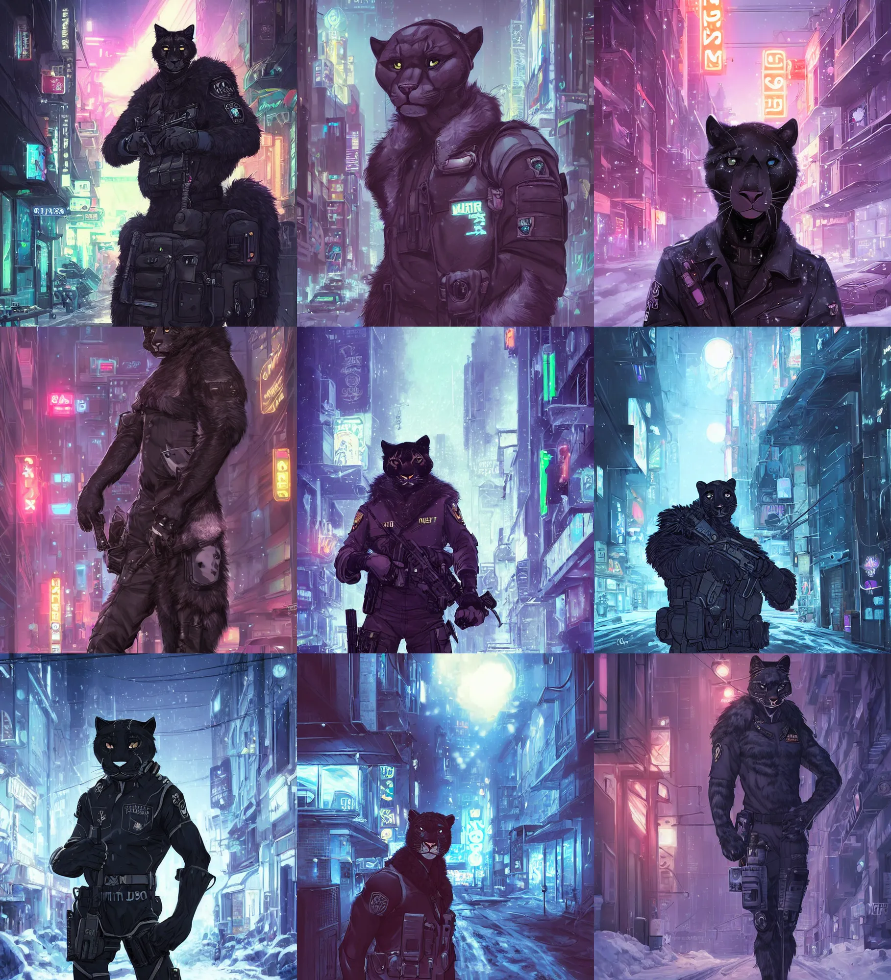 Prompt: beautiful furry art portrait commission of a male furry anthro panther fursona both wearing a tactical swat uniform in the streets of a cyberpunk city at night in the snow. neon signs. character design by charlie bowater, ross tran, artgerm, and makoto shinkai, detailed, inked, western comic book art