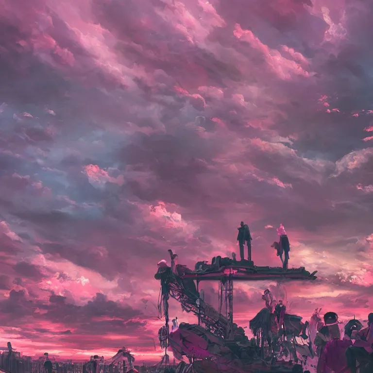 Prompt: oil painting, rich deep colors masterpiece, pink, people with mohawks, punk, neon, ultra detailed, contrast, heaven pink, arches, clouds, sky, volumetric light, atmospheric lighting, dramatic, cinematic, steampunk, moody, octane render 4 k, 8 k