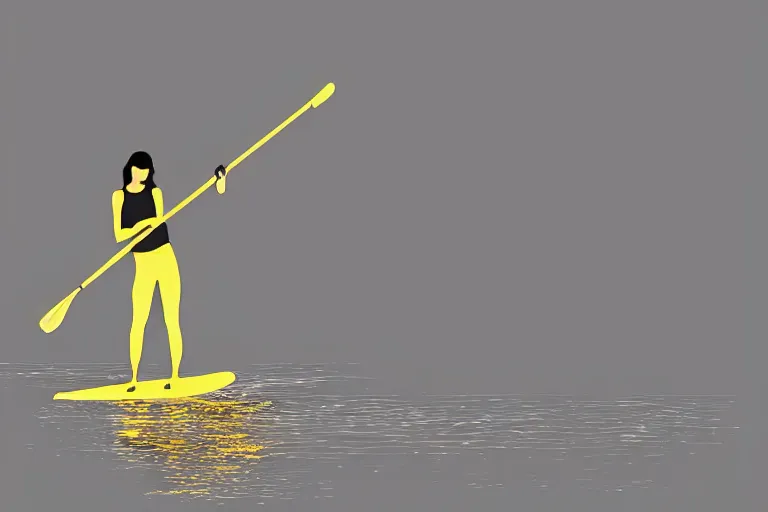 Image similar to beautiful serene person on a paddle board sup, healing through motion, life, minimalistic golden and ink airbrush painting on white background