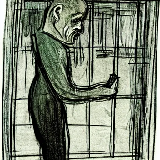 Prompt: sad prisoner holding ipad, prison cell, frustrated expression, dark mood, hopelessness, gloomy, in the style of edward munch