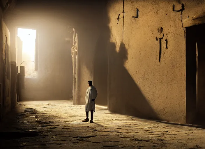 Prompt: old jeddah city alley, roshan, old shops, horse, magical glowing sand portal to another dimension, a man wearing a white robe standing watching over, dramatic lighting, dawn, by caspar david friedrich, unreal engine 5