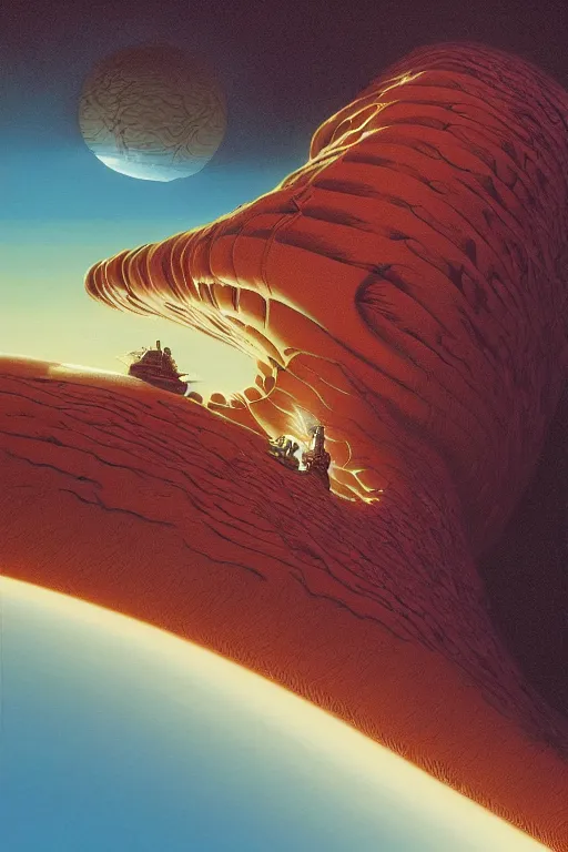 Prompt: a sandworm on arrakis, god emperor of dune by david a hardy and noriyoshi ohrai, highly detailed, cinematic composition, trending on artstation