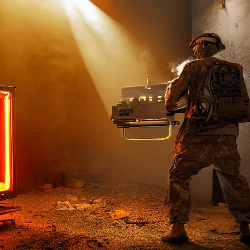 Image similar to soldier with toaster oven augmentation, dark messy smoke - filled cluttered workshop, dark, dramatic lighting, orange tint, sparks, cinematic, highly detailed, sci - fi, futuristic, movie still