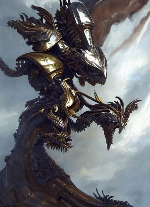 Prompt: a professional painting of a beautiful young female, wearing a metallic dragon-shaped helmet, clothed in battle armor, with mechanical dragon wings, olive skin, long dark hair, beautiful bone structure, symmetrical facial features, intricate, elegant, digital painting, concept art, smooth, sharp focus, illustration, from Metal Gear, by Ruan Jia and Mandy Jurgens and Greg Rutkowski and Artgerm and William-Adolphe Bouguerea