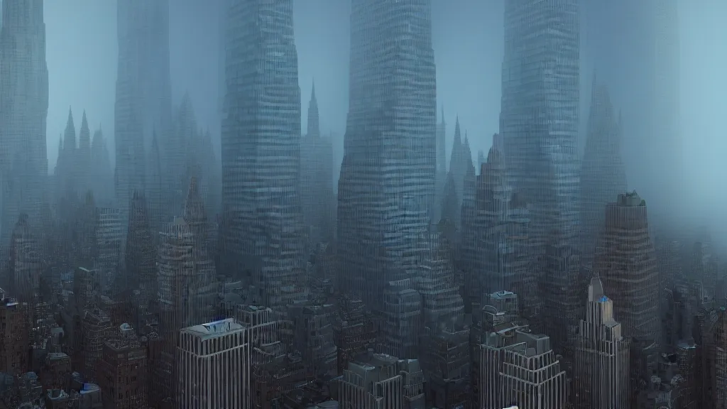 Prompt: Hulk sized Obama towers over a foggy Manhattan; render by Beeple, 4K