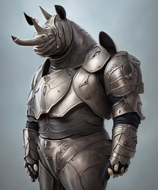 Image similar to A beautiful portrait of an anthropomorphic rhino wearing paladin armor, character design, by Pixar style by Tristan Eaton_Stanley Artgerm and blizzard studios and Tom Bagshaw, hyper realism, high detail, trending on artstation, unreal engine 5, Lumen, 8k, 38mm photography