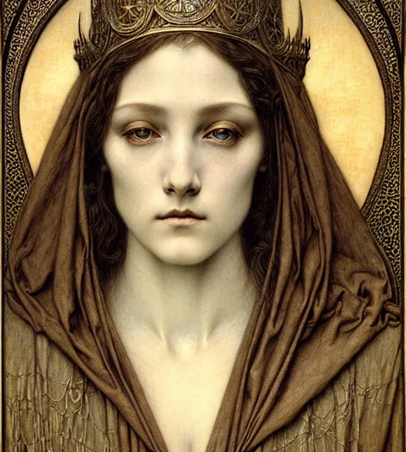 Image similar to detailed realistic beautiful young medieval queen face portrait by jean delville, gustave dore and marco mazzoni, art nouveau, symbolist, visionary, gothic, pre - raphaelite. horizontal symmetry