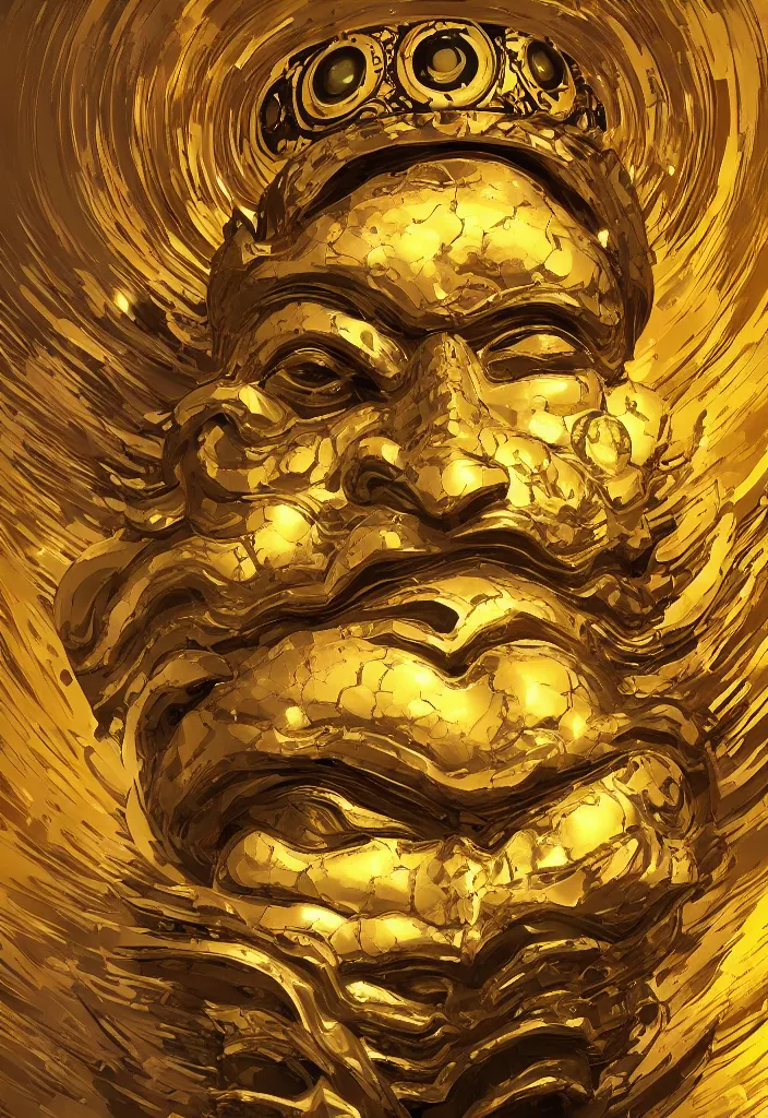 Prompt: wide shot of the floating face of a god with a million eyes on the top of a shrine, digital art, trending on artstation, golden color palette, dynamic composition, realistic clouds, 4k, 8k