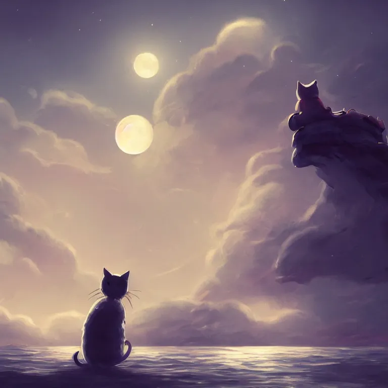 Prompt: cat looking at the sea with a big red moon reflecting in the sea, night, light rays, clouds, trending artstation, low angle, in the style of Hollow Knight