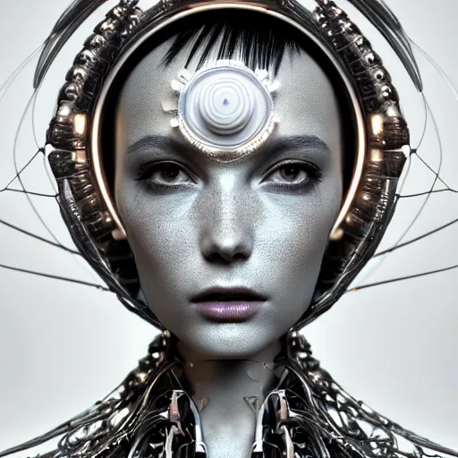 Prompt: closeup portrait of an absurdly beautiful, graceful, sophisticated, fashionable cyberpunk mechanoid gravure idol, an ultrafine hyperdetailed illustration by irakli nadar, matt wisniewski style, intricate linework, porcelain skin, neon jellyfish headdress, fractal ivory carved ruff, unreal engine 5 highly rendered, global illumination, radiant light, detailed and intricate environment