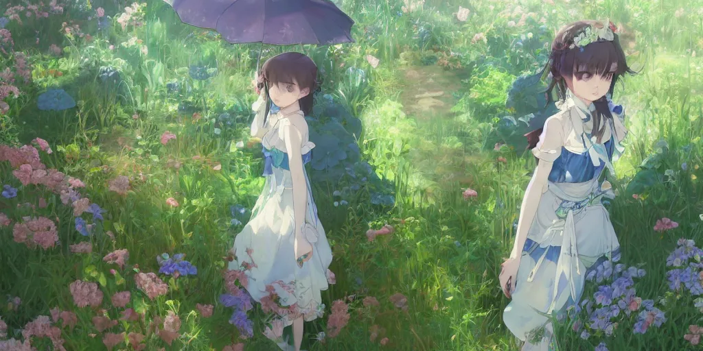 Image similar to a depressed digital art, loli in dress, garden, green and warm theme, blue accents, back lighting, highly detailed, 4 k resolution, trending on art station, by krenz cushart and mucha and akihito yoshida and greg rutkowski and makoto shinkai