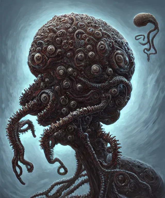 Image similar to hziulquoigmnzhah, head dangling underneath body!!!!, spherical body, elongated arms, short legs, lovecraftian horror!, surrealism, fantasy, intricate, elegant, highly detailed, digital painting, artstation, concept art, matte, sharp focus, illustration, art by keith thompson and christopher lane