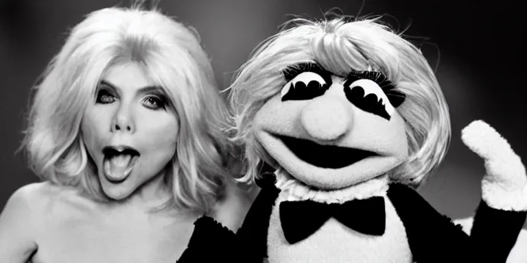 Prompt: Photoreal Cinematography of a photorealistic muppet version of Debbie Harry hosting The Muppet show with actor Steve Martin