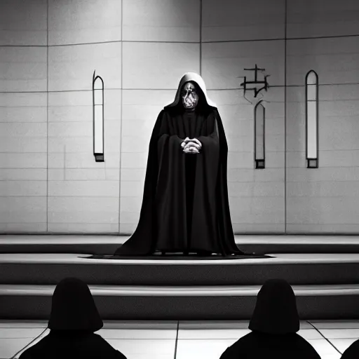 Image similar to emperor palpatine preaching to people at church, 8k cinematic lighting, very sharp detail, anatomically correct