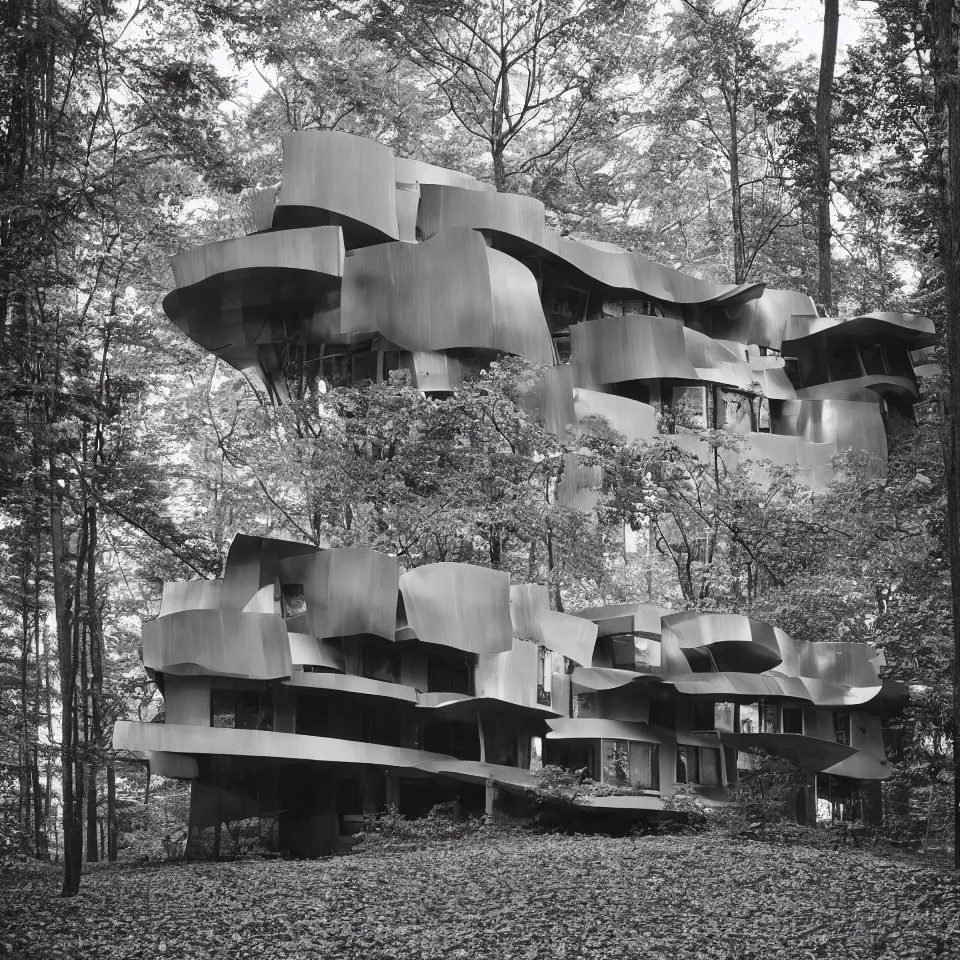 Image similar to architecture ad for a mid-century modern house in the middle of the forrest, designed by Frank Gehry. Film grain, cinematic, grayscale, yellow hue