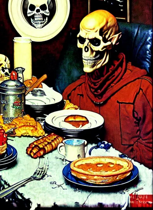 Image similar to a realistic painting of skeletor sitting at the breakfast table by norman rockwell, americana, high quality