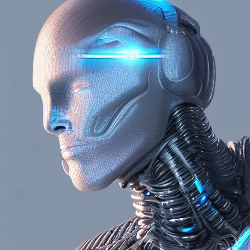 Image similar to sophisticated portrait of glowing, warm, atmospheric, misty, leds, futuristic cybernetic warrior alien in profile, highly intricate, detailed humanoid, trending on artstation