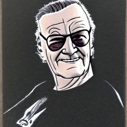 Image similar to stan lee sitting drawn by close, chuck