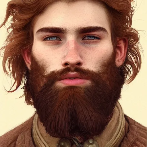 Image similar to portrait of a rugged ranger trainee, 19 years old, beard, male, masculine, upper body, red hair, long hair, soft hair, D&D, fantasy, intricate, elegant, highly detailed, digital painting, artstation, concept art, matte, sharp focus, illustration, art by Artgerm and Greg Rutkowski and Alphonse Mucha