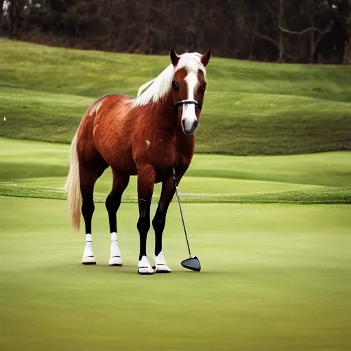 Image similar to realistic photo of a horse that is playing golf alone, with its hands, 4k