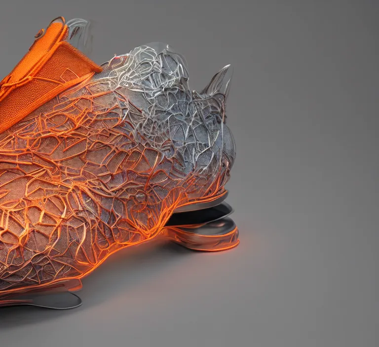Image similar to realistic 8 k sculpture of one futuristic sneaker with neon illuminated rubber soles and soft orange laces on a grey surface, clean 3 d render, beautiful studio lighting, soft, sharp focus, cyberpunk, intricate detail, gold and red filigree, soft rubber, octane render, trending on artstation, deviantart, art by iris van herpen and syd mead and mullins