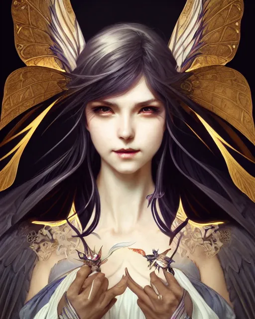 Image similar to portrait of a woman with wings, pixie character, genshin impact, fantasy magic, dark light night, intricate, elegant, sharp focus, illustration, highly detailed, concept art, matte, art by wlop and artgerm and greg rutkowski and alphonse mucha and kidmo, anime, trending on artstation