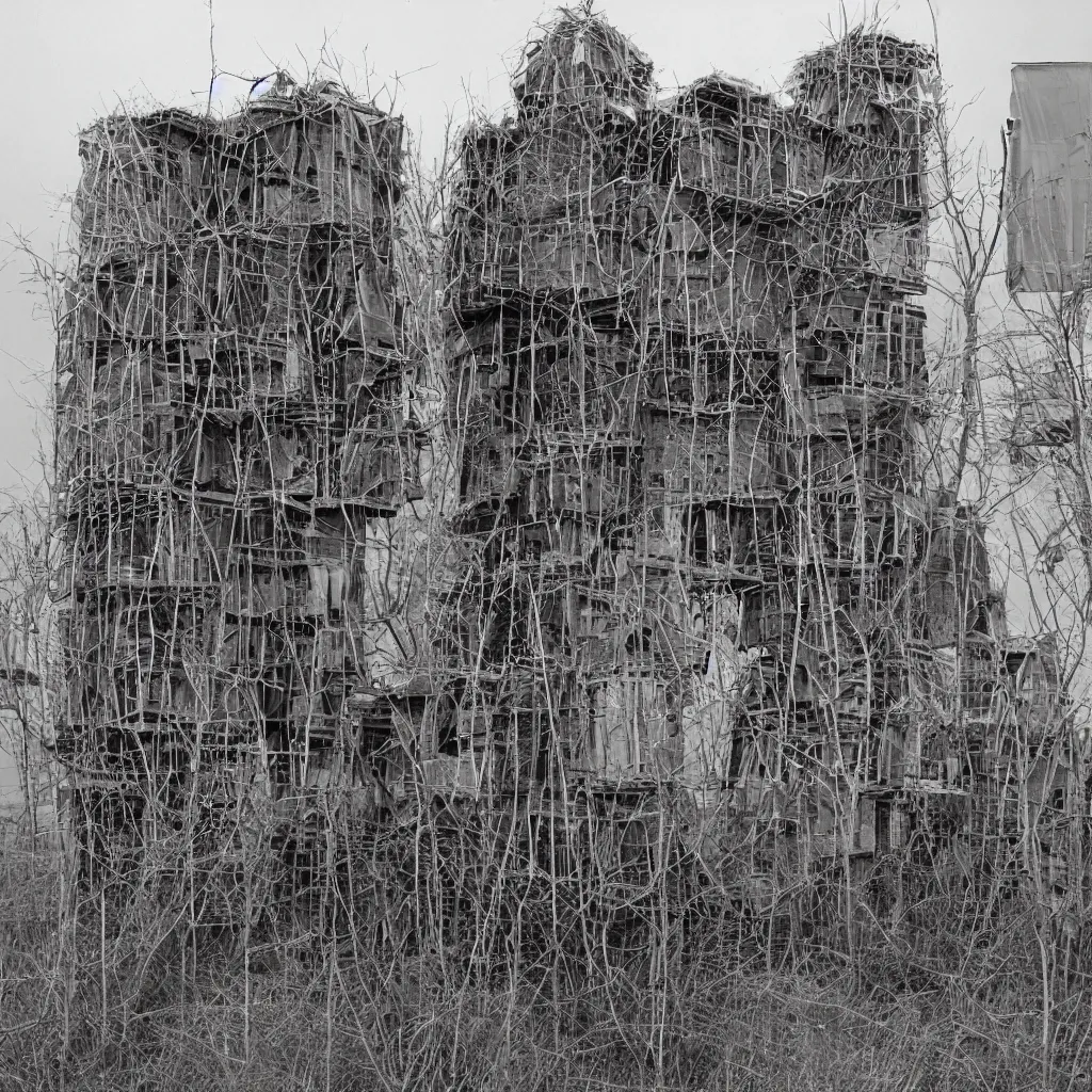 Image similar to organic looking towers, made up of makeshift squatter shacks with light colours, dystopia, mamiya rz 6 7, fully frontal view, very detailed, photographed by jeanette hagglund