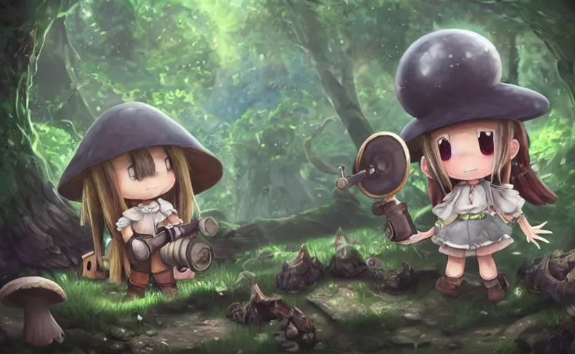 Prompt: cute little girl with an long hair wearing an mushroom hat and holding an cute cannon in the dark forest next to a sinister monster, cute artwork, clean detailed art, inspired made in abyss, detailed background, fantastic world, spectacular quality, trending on pixiv