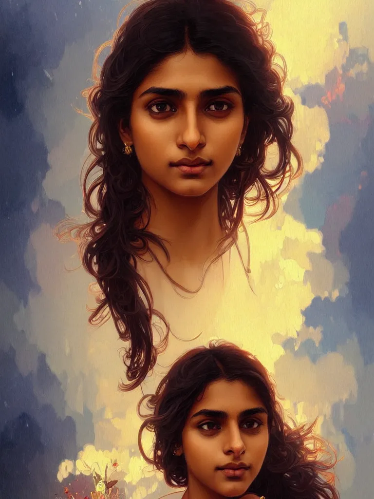 Image similar to Anxious pretty young Indian doctor wearing jeans leaving a plane, portrait, elegant, intricate, digital painting, artstation, concept art, smooth, sharp focus, illustration, art by artgerm and greg rutkowski and alphonse mucha