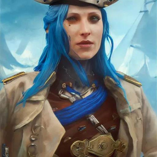 Image similar to Female pirate captain with blue skin, 4k oil on linen by wlop, artgerm, andrei riabovitchev, nuri iyem, james gurney, james jean, greg rutkowski, highly detailed, soft lighting 8k resolution