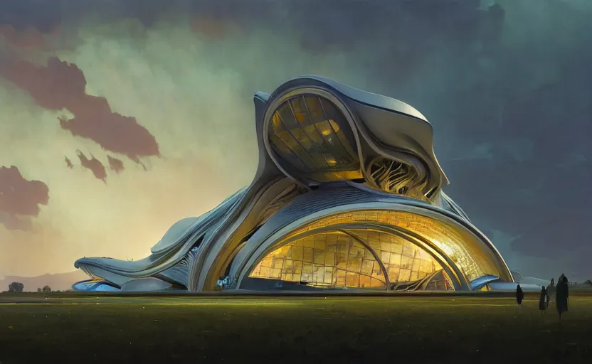 Image similar to exterior shot of utopian architecture building with cinematic lighting by zaha hadid and renzo piano, darek zabrocki and greg ruthkowski, alphonse mucha, simon stalenhag, cinematic, holy place, paradise, scifi, futurism, atmospheric, sunset, concept art, artstation, trending on artstation