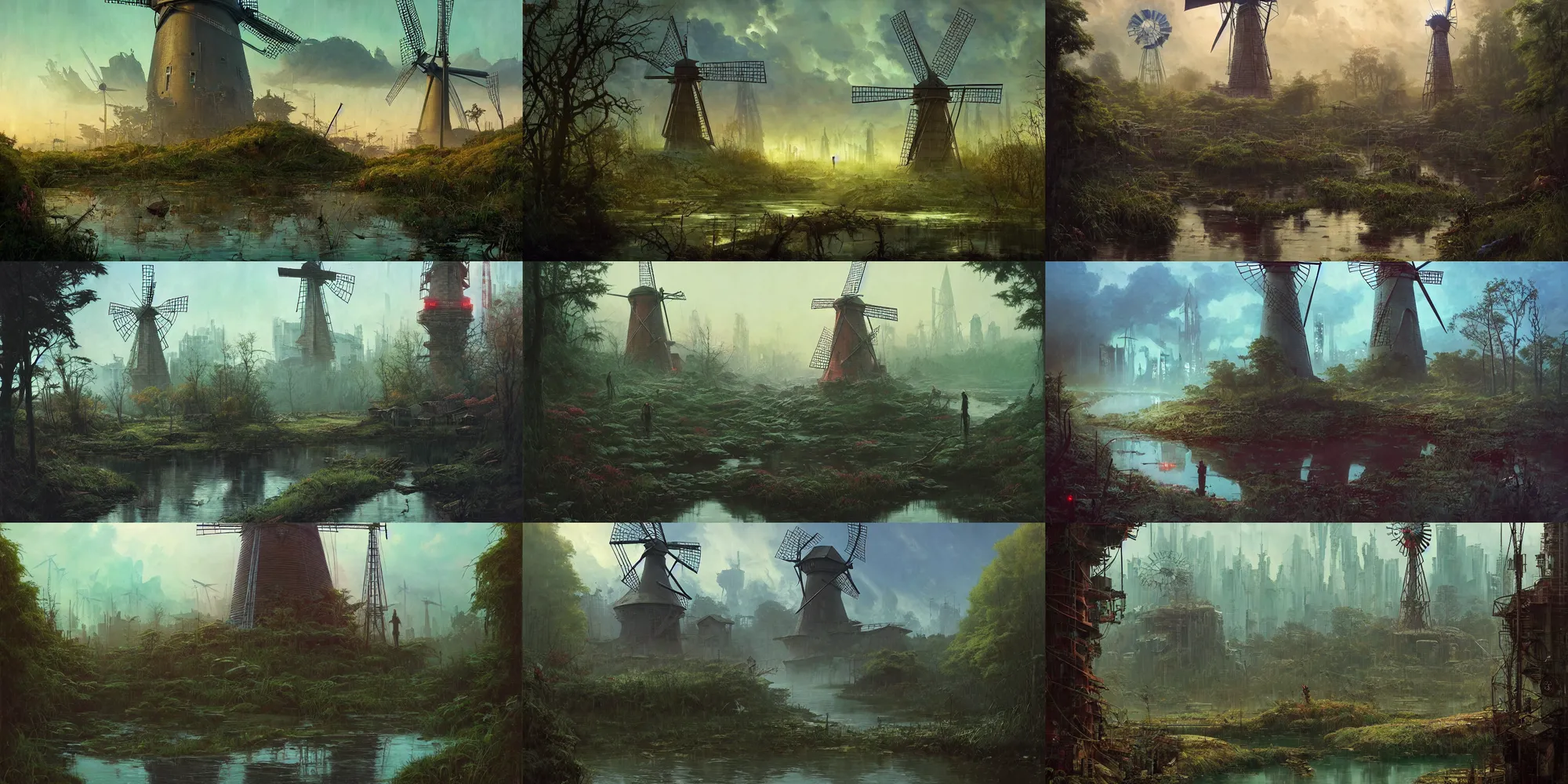 Prompt: cyberpunk style windmill in the middle of the old and dirty river, gorgeous lighting, highly detailed, lush forest painting by zdzisław beksinski and norman rockwell and greg rutkowskiweta studio, and lucasfilm