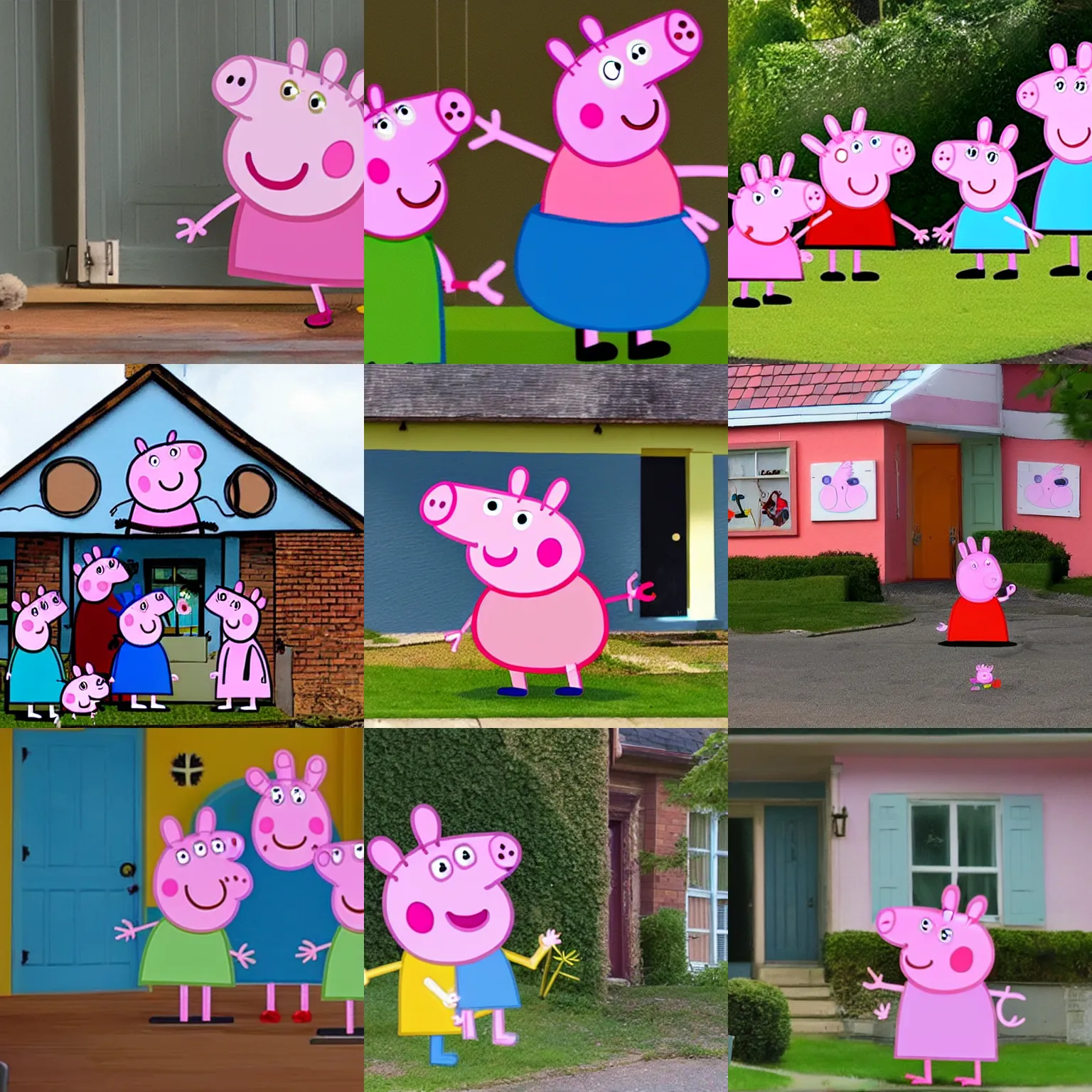 Prompt: peppa pig vandalizes a house