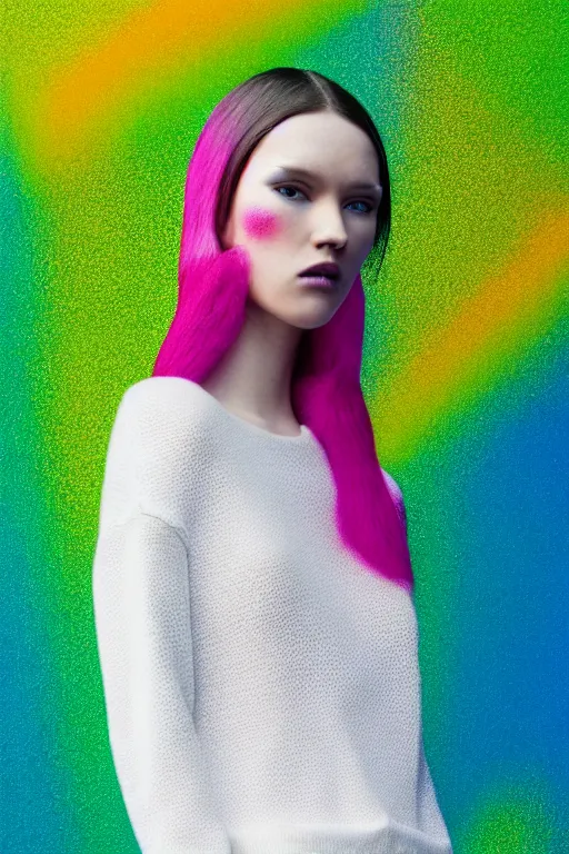 Image similar to stylish pullover for a rave bright colors, many details, photo for a magazine, photo for a store, fashion photography, Vogue, cinematic, hyper realism, high detail, 8k, very coherent symmetrical work, perfect face model, full length photo, Upper and lower body, white eyes, photographer style by Nik Night Erik Madigan Hec and Walter Chin and Camilla Akrans and Miles Aldridge