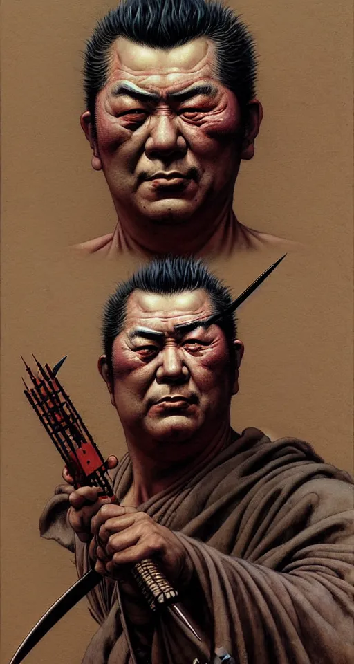 Image similar to portrait of zatoichi in the style of wayne barlowe, gustav moreau, peter mohrbacher, bussiere, roberto ferri, santiago caruso, luis ricardo falero, austin osman spare, boris vallejo, hajime sorayama