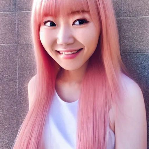 Image similar to beautiful hyperrealism selfie of nikki 苏 暖 暖 from shining nikki, a cute 3 d young woman smiling sofly, long light pink hair and full bangs, flushed face, blushing, small heart - shaped face, soft features, amber eyes, chinese heritage, golden hour, 8 k, sharp focus, instagram