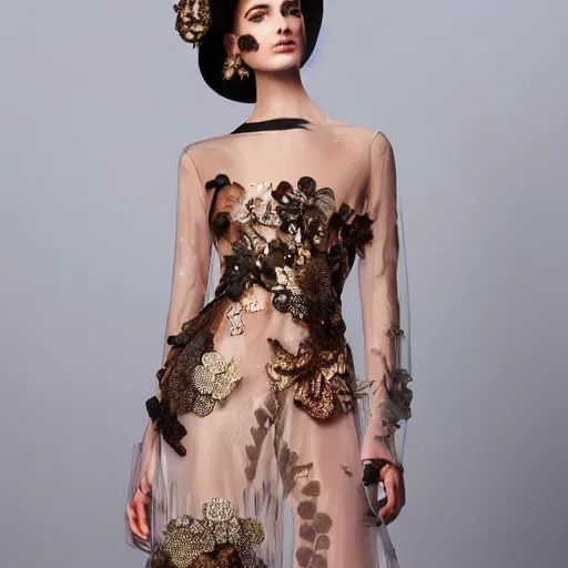 Image similar to exclusive evening dress made of bronze transparent fabric fantasy with colored flower petals made of fabric. intricate asymmetrical patterns. an elegant hat. hyperrealistic photos, clear details.