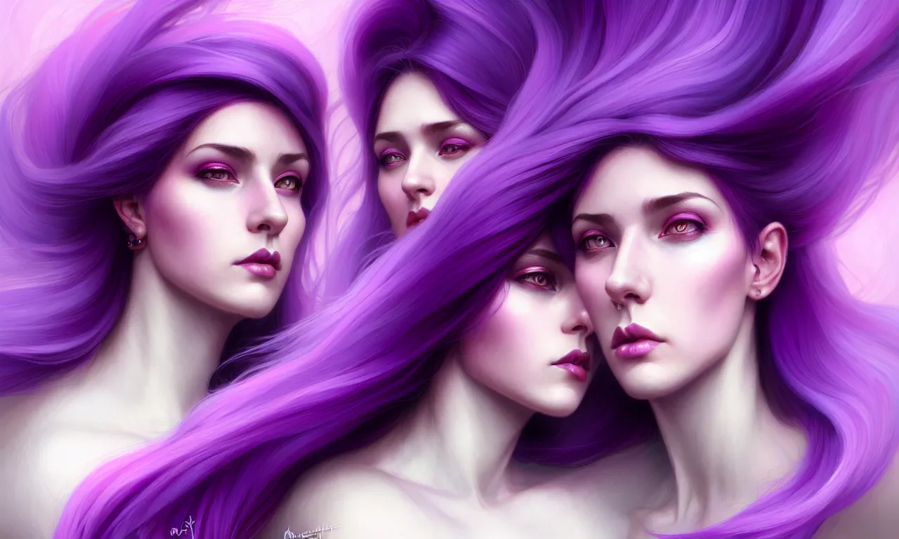 Image similar to Purple hair relistic Portrait of a two woman with bright colored flying hair, all shades of purple. Beauty face, Hair coloring, fantasy, intricate, elegant, highly detailed, digital painting, artstation, concept art, smooth, sharp focus, illustration, art by artgerm and greg rutkowski and alphonse mucha